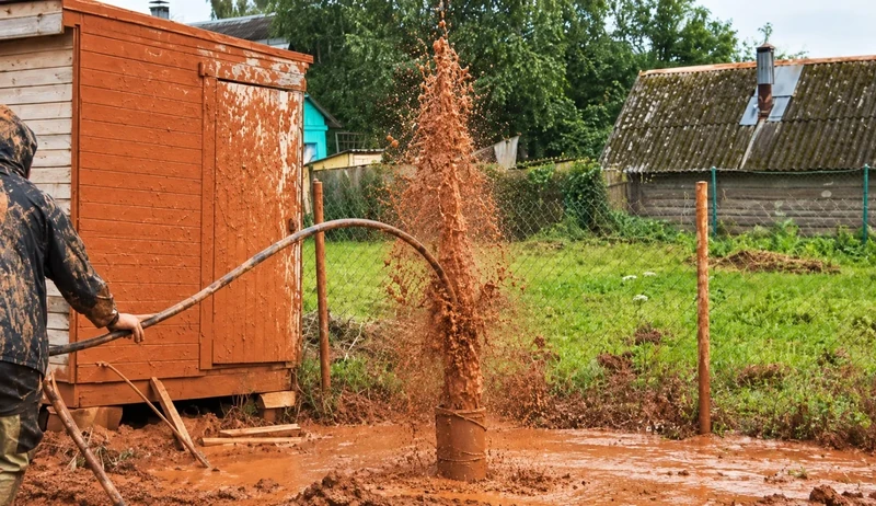 Выход мутной воды с осадком из скважины во время очистки